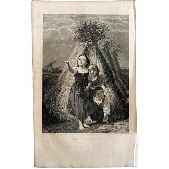 Rain Shower Grass Hut Steel Engraving 1859 Victorian Children Farm Art DWY5E - Picture 2 of 2